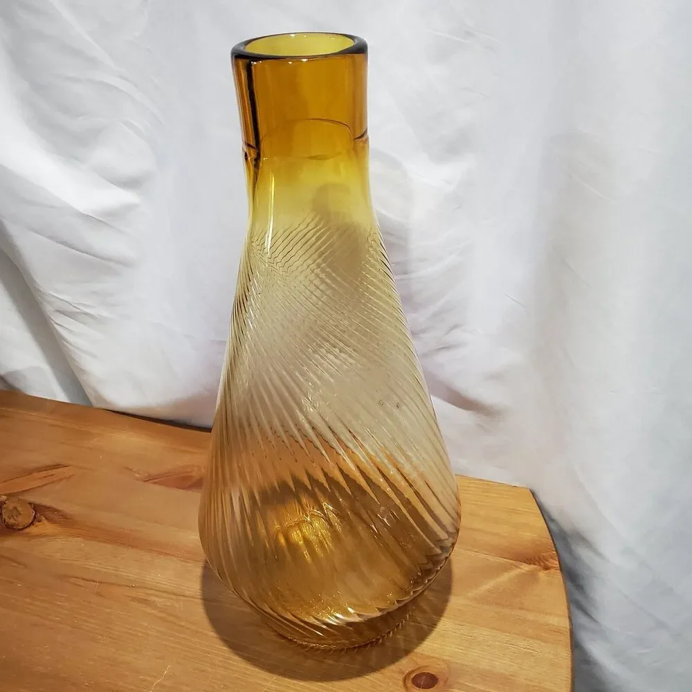 Vintage MCM Amber Blown Glass Swirl Large Vase Decor, 16